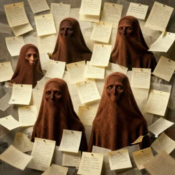 a movie poster of four brown spirits coming out of a bunch of handwritten paper notes, detailed digital art, trending on artstation, hyperrealistic faces and body