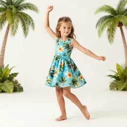 a five - year - old caucasian girl with honey brown eyes and hair, wearing a hawaiian dress, dancing on a tropical beach, portrait, wide shot, midday light, bright colors, illustration, pop art, splash painting, graphic novel, art by geof darrow, ashley wood, alphonse mucha
