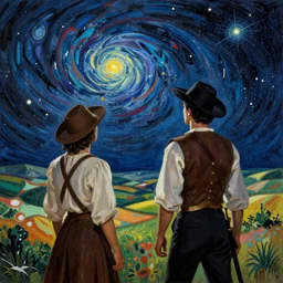 don quijote de la mancha and sancho panza looking into the deep space, style of jackson pollock, cinematic, landscape, 8k