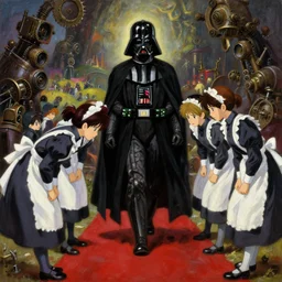 baroque oil painting of anime key visual concept art of anime maids bowing reverentially to darth vader as he walks down a red carpet, grimdark steampunk fantasy, pleasant battlefield, trending on artstation, brush strokes, oil on canvas, style of makoto shinkai and greg rutkowski and studio ghibli