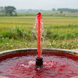 a fountain of red liquid spilling out over a countryside