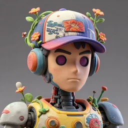 colourful caricature - 3 d vfx art - portrait of a mecha robot wearing a baseball cap with vines & flowers growing from under the cap, art style by tenmyouya hisashi & utagawa kunisada, concept art, unreal engine render, digital illustration, claymation, sharp, intricate detail, volumetric light, ray tracing, soft light, symmetric, pinterest, artstation, behance,