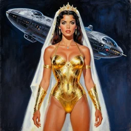sc - fi movie poster from the 3 0's, young bride dejah thoris, gold bikini armor, alien airship, acrylic painting, by leyendecker