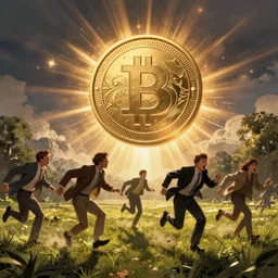 landscape of people running from a cryptocoin very scared, the cryptocoin is the villain, cryptocoin levitating, digital art, artstation