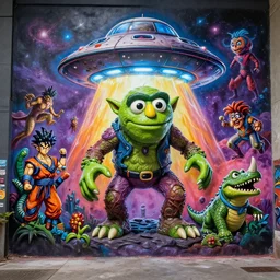 an 8 k photo real glossy hi res volumetric lighting 8 0 mm graffiti mural depicting a gremlin ufo orc zardoz lovecraft dinosaurs jim henson stranger anunaki rhino gator manga goku things lord of the rings where the wild things are game of thrones jwst nasa beast monster frightening clay sculpture fright night horror terror super hero toy marvel dynamic god rays portal milky way galaxy