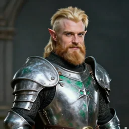 portrait, fantasy beardless dwarf cleric, young adult, no beard, short blonde hair combed to one side, silver and emerald breastplate, clean shaven, slightly smirking, shield on back, style by donato giancola, wayne reynolds, jeff easley dramatic light, high detail, cinematic lighting, artststion, dungeons and dragons