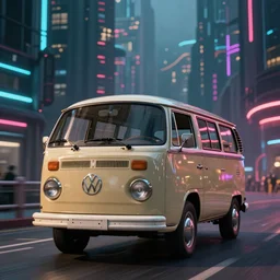 VW Microbus driving, environment, cyberpunk city, Synthwave, realistic, render, artstation