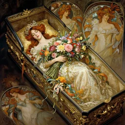 a beautiful mysterious woman holding a large bouquet of flowing flowers, sleeping in an elaborate coffin, fantasy, regal, intricate, by stanley artgerm lau, greg rutkowski, thomas kindkade, alphonse mucha, loish, norman rockwell