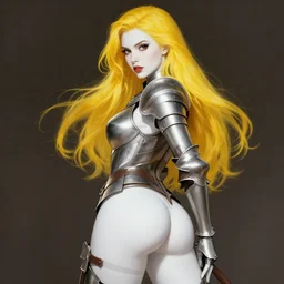 pin - up portrait of a female knight, gorgeous, skintight leather armor, long yellow hair, brown eyes, white skin, derriere pose, fantasy, highly detailed, realistic, illustration, artgerm, joshua middleton, greg rutkowski