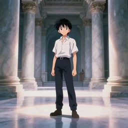 photorealistic anime character inside a marble temple, film photo, soft lighting album cover, nostalgia, gradient, light reflection