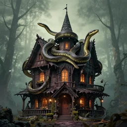 a witches house with huge snakes on the roof