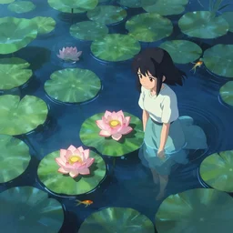 koi pond, lotus flowers, dark blue water, green lily pads, goldfish, a fantasy digital painting by makoto shinkai and Alena Aenami, trending on artstation,