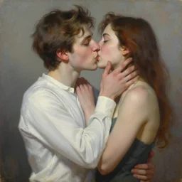 a beautiful romantic painting of the personification of DALL-E 2 passionately kissing the personification of Stable Diffusion, by edward robert hughes, artstation