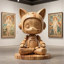 3D octane render ultra 8K photorealistic hyperdetailed unreal engine ,a wooden sculpture ,art toys on feet ,very cute robot mystic with bird and cat ears heroic pose ,zen meditation ,cyberpunk ,concept art ,trending on cgsociety ,artwork masterpiece , a on contemporary art gallery and néo Paris by Alphonse Mucha and Robert Crumb