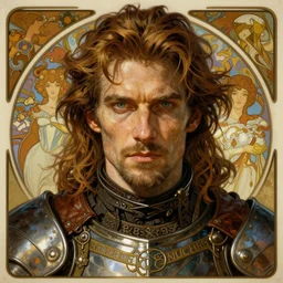 realistic detailed face portrait of a rugged handsome wizard in ornate leather armor by alphonse mucha, ayami kojima, amano, greg hildebrandt, and mark brooks, male, masculine, art nouveau, neo - gothic, gothic, character concept design