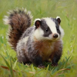 oil painting, littlest pet shop cute fuzzy skunk in field, close up, noel coypel, emile eisman - semenowsky, edouard bisson