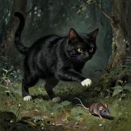 An evil cat chasing a mouse, eerie, by Beksinski