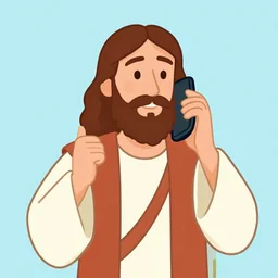 a cartoon of a jesus christ talking on a phone, a stock photo by andrei rublev, behance, remodernism, behance hd, stockphoto, photocollage