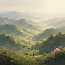 spring mornings in the low - poly hills, diffuse lighting, fantasy, intricate, surrealism!!!!, highly detailed, lifelike, photorealistic, digital painting, artstation, illustration, concept art, smooth, sharp focus, by greg rutkowski, chris tulloch mccabe, valentina remenar and asher duran,