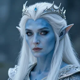 the frightening archfey called'the prince of frost ', fantasy, white hair, blue skin, wild eyebrows, middle - age, elf, crown, hard edges, soft lighting, professional lighting, trending on cgsociety