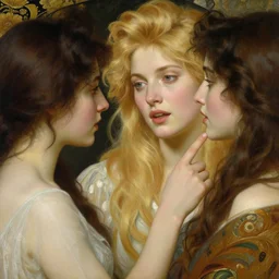 portrait of a blond woman talking with a dark - haired woman, ultra realistic illustration, intricate, elegant, highly detailed, digital painting, artstation, concept art, smooth, sharp focus, illustration, art by artgerm and greg rutkowski and alphonse mucha