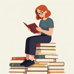 madelyn petsch as a woman with red hair and glasses sits on top of a tall pile of books, reading. clear, detailed face. clean cel shaded vector art. by lois van baarle, artgerm, helen huang, by makoto shinkai and ilya kuvshinov, rossdraws, illustration, art by ilya kuvshinov