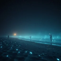 beach at night, stars, torches, fireflies, bioluminescence, fire, fog, insane details, intricate, elite, ornate, elegant trend, highly detailed and intricate, sharp focus, photography, unreal engine, trending on artstation, photorealistic, octane, hyper detailed, trending on deviantart,