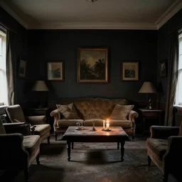 the living room of an old lived in house, dark walls with framed art, old dusty furniture, no windows, candlelit