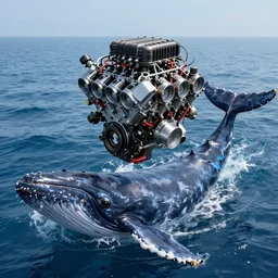 photograph of a cross between a diesel v 8 engine as a head and cachalot whale as a body, a cachalot with a supercharged v 8 engine on top of the head in the ocean, eight - cylinder piston engine as a rectangular head of a cachalot, v - angle, body of a cachalot, longer shot, in the style of cyberpunk, fantastic extremely detailed