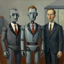 three brutalist robot judges portrait, grant wood, pj crook, edward hopper, oil on canvas