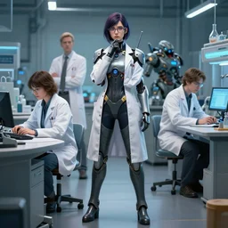 karol bak and tom bagshaw and ayami kojima full body character portrait of a beautiful nerdy scientist wearing glasses, at a work desk thinking intensely, wearing combination of lab - coat and mecha suit, laboratory in the background, artstation scifi detailed character concept, unreal engine, 4 k digital camera, sharp focus, movie still