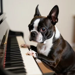 a boston terrier playing the piano, photography
