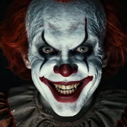 a horrifying clown staring at me, centimeters away from my face, with massive, terrifying eyes and a crazed smile. infamous dark photograph