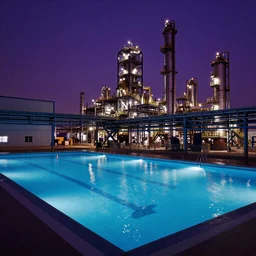 breathtaking photo, moody, dreamlike, huge swimming pool, industrial, factory, chemical plant, warehouse, night, purple lighting - W 768