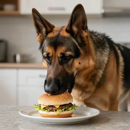 a german shepherd is eating a hamburger in the kitchen, detailed, photo realistic