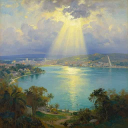 a beautiful painting of a A paradisiacal landscape of a sea lagoon and city built on water, rays of light illuminating the water by John Howe, Trending on Artstation, Landscape vista