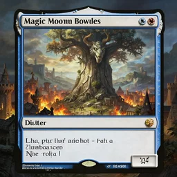 magic the gathering card - a giant stone - oak beast - standing in front of a medieval town - town is on fire