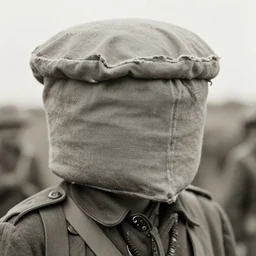 person wearing cloth sack over head, ww1 photo, grainy, high detail, high resolution,