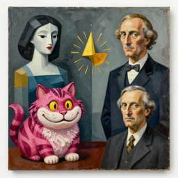 a surrealist painting of the cheshire cat by alexandr archipenko and rene magritte and joan miro, 4 k, trending on artstation, detailed, film still