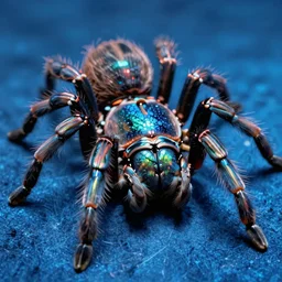 high quality macro photo iridescent tarantula! jewelled supercute! highly detailed david ligare elson peter cinematic blue neon lighting high quality low angle hd 8k sharp shallow depth of field