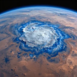 View of Mars with blue atmosphere from pole to pole. Visible north polar cap.