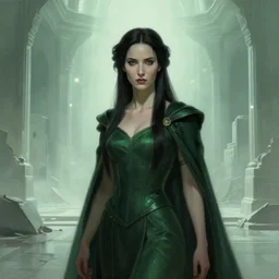 gracious, regal majestic, pragmatic, charismatic character persephone from the matrix, face centered portrait, confident, ruined cityscape, sterile minimalistic room, architecture, fog, volumetric lighting, illustration, perfectly shaded, greenish tinge, cold lights soft painting, art by krenz cushart and wenjun lin