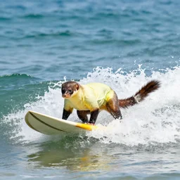 a weasel riding a surfboard, colorful, professional photo, action