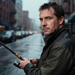 closeup portrait of a man fishing in a rainy new york street, photography, studio light