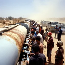 a first person view of people in rags waiting in long queues to fill their water bottles at leaking tank trucks, rusty objects and vehicles, sparse dried vegetation, record hot heatwave, blinding sun, dust storm in the horizon, reporter, live footage, ektachrome photo, sebastiao salgado,