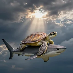 A turtle rides a shark through the sky, hyperrealism