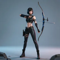 full body photo of a cyberpunk female archer