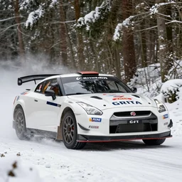 a 2 0 0 8 nissan gt - r super gt, racing through a rally stage in a snowy forest