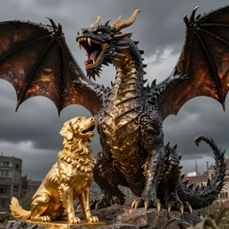 a toothless dragon screaming to a golden retriever statue