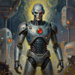 hyperrealist painting of a an malevolent character from an adventure game theme of robots science fiction 1 9 5 0 s future ( oil paint on canvas, art deco era )